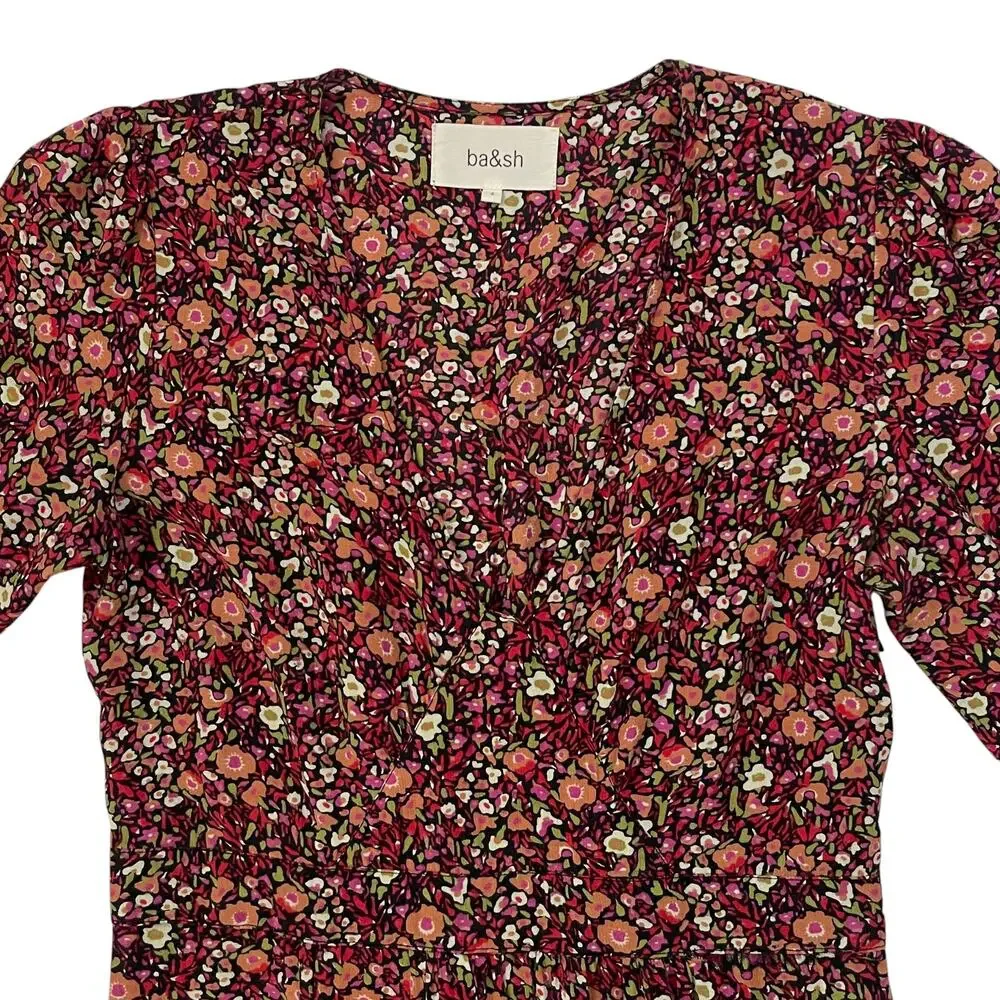 ba&sh Silvine Gathered Floral Print Crepe Midi Dress - Size 2 - Medium - Picture 5 of 8